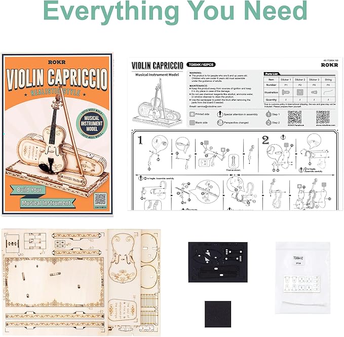 ROKR Wooden 3D Puzzles for Adults Violin, Musical Instrument Model Kit 3D Puzzles for Teens and Kids to Build, Desk Decor/DIY Hobbies/Gifts for Family and Friends (Violin)