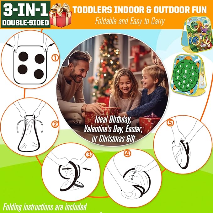RaboSky 3-in-1 Feed Dinosaur Toss Games for Kids with 6 Fruit Bean Bags, 2 Throwing Axes, 6 Sticky Balls, Outdoor Toddlers Toys Indoor Activities for 2 3 4 5 Boy Gifts Birthday Party Easter Christmas