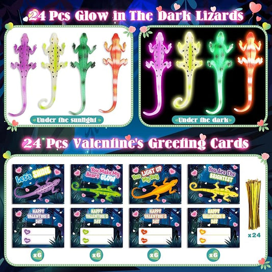 24 Pack Valentine's Day Cards for Kids with Glow in The Dark Lizard Toys, Valentines Day Gifts for Kids School Classroom Exchange, Valentine's Party Favors & Prizes for Kids