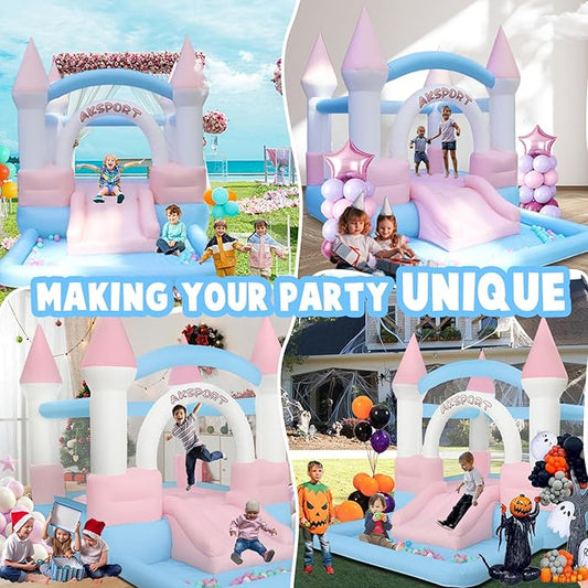 AKSPORT Inflatable Bounce House for Kids,Macaron Bouncy Castle with Air Blower & Slide & Large Ball Pool for Birthday Party, Wedding, Gift, Indoor & Outdoor,11.8FT*8.2FT*8.5FT