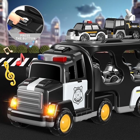 7 in 1 Police Trucks Cars Toys for Toddlers 3-5, Boy Toddler Car Truck Toys with Light Sound, Birthday Gifts Toys for 3 4 5 6 Year Old Boy, Transport Carrier Truck for Toddlers 3-5 Years