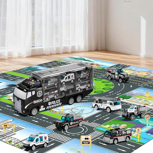 Toddler Boys Toys for 3 4 5 6 Years Old, Police Truck Vehicle Toy Set with Play Mat and Die-Cast Toy Car, Transport Carrier Truck for Kids, Birthday Gifts Toys for 3 4 5 6 7 8+ Year Old Boys