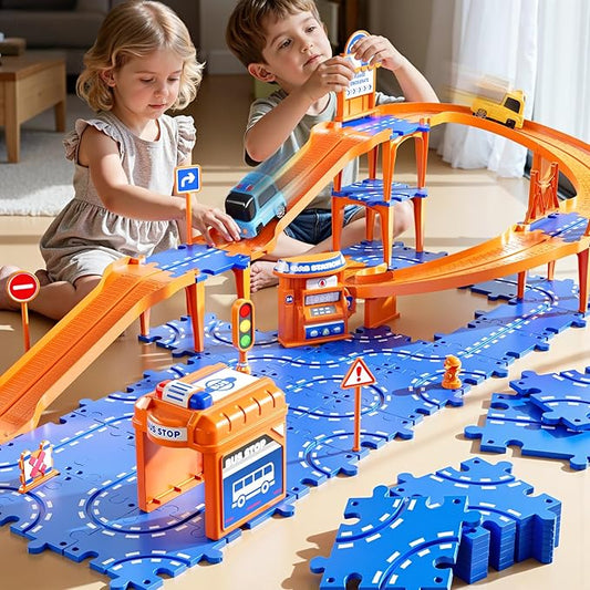 Puzzle Race Car Track Set for Kids 3-5, Floor Puzzle Track Car Set, Toddler Toys for 3 4 5 6 Years Old Boys, Toys Gift for Kids Boys Girls Age 3 4 5 6 7 8 Years Old