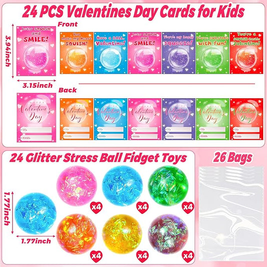 24 Pack Valentines Day Gifts for Kids Classroom, Fidget Stress Balls with Valentines Day Cards, Classroom Exchange Gifts, Valentines Stretchy Balls Squeeze Toys School Party Favors for Boys Girls