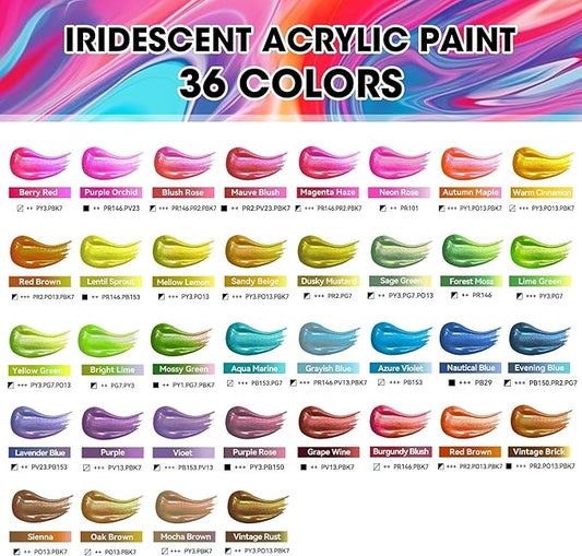 52 Pcs Iridescent Acrylic Paint Set with 12 Brushes, 2 Knives & Palette, 36 Colors (2oz/60ml) - for Adults, Kids, Artists & Beginners - Canvas Ceramic Rock Wood Egg Painting Kit