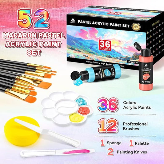 52 Pcs Pastel Acrylic Paint Set with 12 Brushes, 2 Knives & Palette, 36 Colors (2oz/60ml) - for Adults, Kids, Artists & Beginners - Canvas Ceramic Rock Wood Egg Painting Kit
