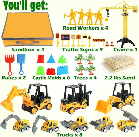 Sand Construction Kit with Big Foldable Sandbox and 2.2lbs Magic Sand, Truck Toys Including Castle Molds and Other Accessories - 36Pc Set for Kids 3+