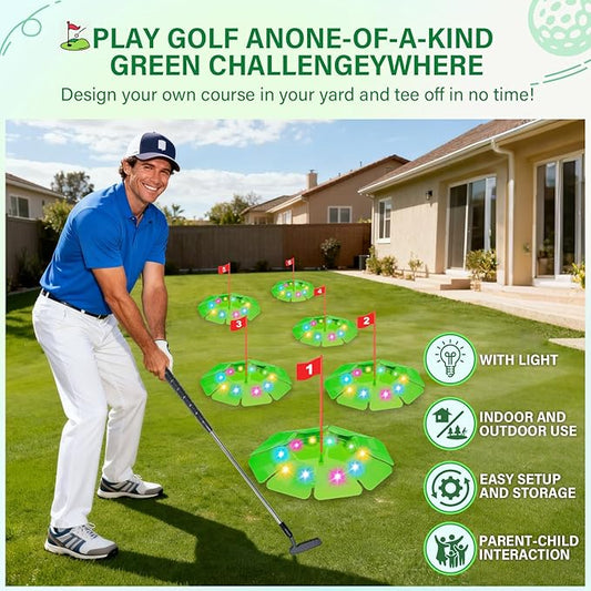Light Up Golf Play Set - Upgraded Kids Toy Golf Putting Game Set with 6 LED Targets, 2 Clubs, 6 Balls (2 Glow), Night Golf Toys Gifts for Kids Golfers Family Indoor Outdoor Beach Lawn Park