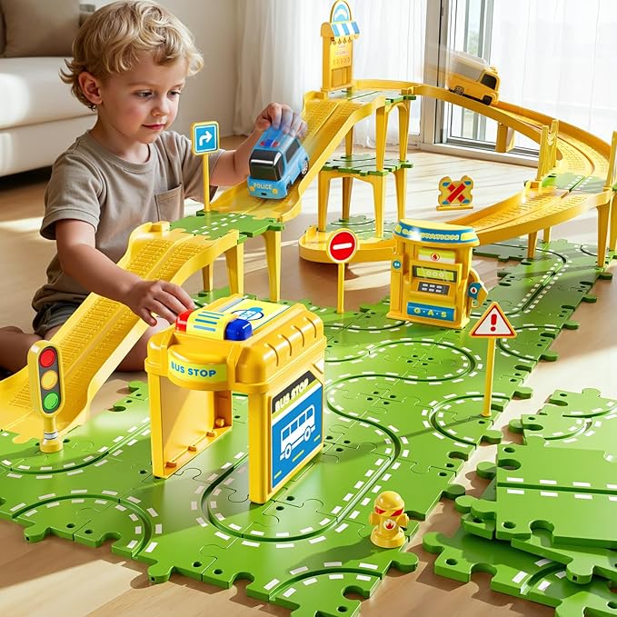 3-Tier Large Puzzle Race Car Track Set for Kids 3-5, Puzzle Tracks Car Play Set, Race Tracks Toys for Toddler Boys 3 4 5 6 Year Old, Birthday Gifts for Kids 3 4 5 6 7 8 Year Old Boys Girls