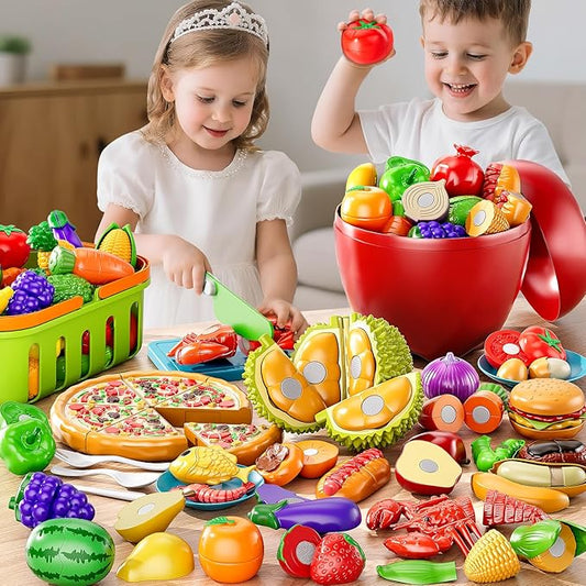 Play Food Set for Kids, Toddler Learning Toys, Cutting Food Toy Color Sorting Set, Pretend Food Play Kitchen Accessories for Kids, Birthday Gifts for 3-8 Years old Boys Girls Educational Toys