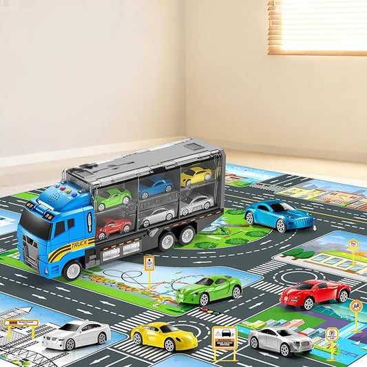 Toddler Boys Toys for 3 4 5 6 Years Old, Truck Vehicle Set with Play Mat and Die-Cast Toy Car, Transport Carrier Truck for Kids, Birthday Gifts Toys for 3 4 5 6 7 8+ Year Old Boys