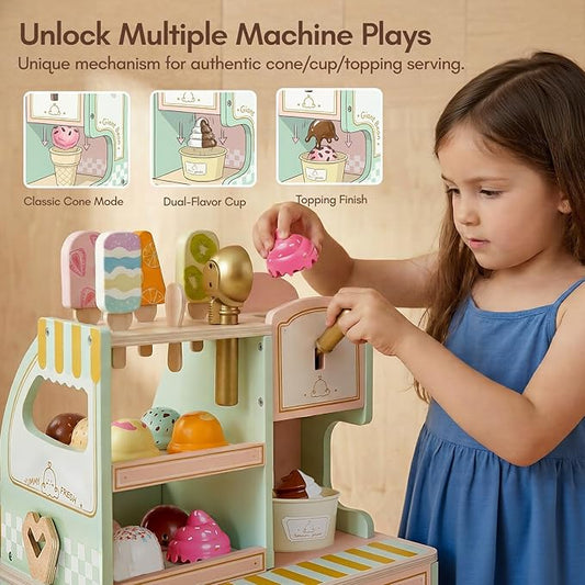 Giant bean Wooden Ice Cream Play Set, with Drop-Down Dispenser, Play Kitchen Accessories with Cones, Popsicles, Scoops, Play Money & Menu, Ice Cream Toy for Kids Ages 3+, Birthday