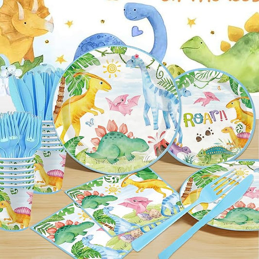Dinosaur Birthday Party Supplies - 175PCS Dinosaur Themes Party Tableware Set, Bithday Disposable Paper Plates Cups and Napkins For Boys Kids Dinosaur Birthday Baby Shower Decorations, Serve 25