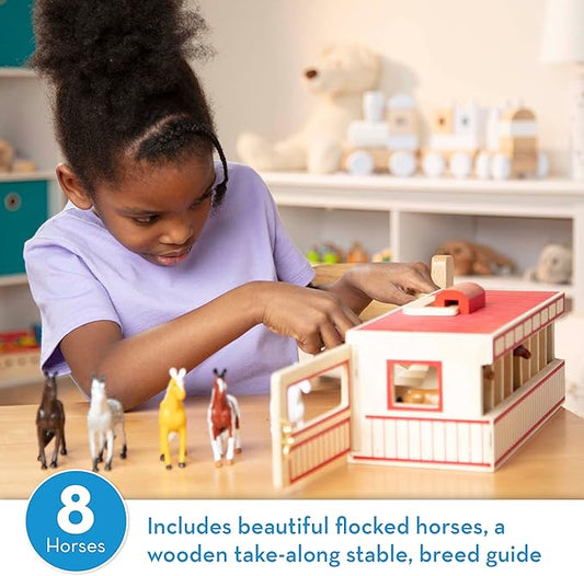 Melissa & Doug Take-Along Show-Horse Stable Play Set– Pretend Play Wooden Barn Toy with 8 Horse Toys & Carrying Case, Portable Preschool Travel Toys for Kids Ages 3+