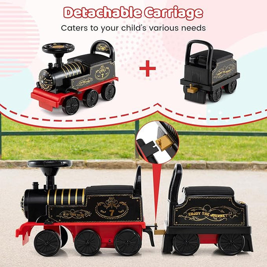 Costzon 2-Seater Ride on Train with Carriage, 6V Ride on Toy w/Under-Seat Storage, Footrests, Train Whistle, Music & Colorful Flashing LED Lights, Electric Car for Kids Aged 18+ (2 Seaters, Black)