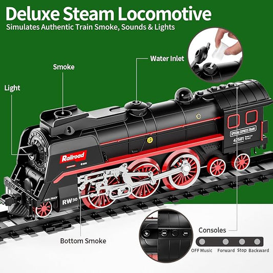 Model Train Set, Remote Control Train Toys with 3Way Smoke Locomotive, 5 Train Cars, Luxury Track Kit, 12 Animal Toys, Authentic Train Smoke & Light, Top Present for Train Lovers, Kids 3+