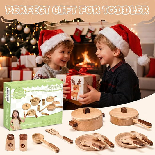 WHOHOLL Wooden Play Cooking Set with Plates and Dishes, Kitchen Toys for Kids 3 4 5 6, Montessori Play Kitchen Accessories Including Pots and Pans, Christmas Birthday Gifts for Girls Boys