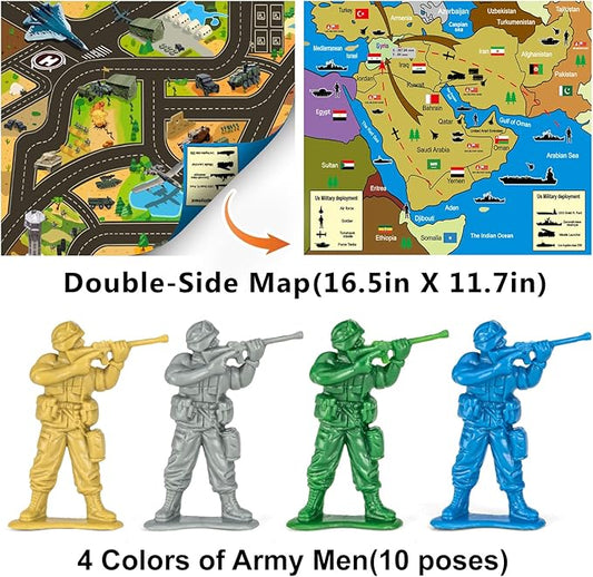 100 Pcs Army Men Toys for Boys with Map in Bucket World War II WW2 Green Gray Plastic Army Men Military Guy Toy Soldier Action Figures Battlefield Playset and Accessories