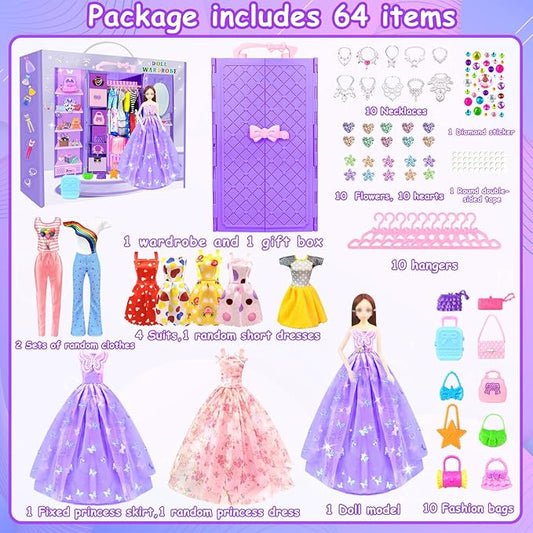 65Pcs Doll Clothes and Accessories with Doll Closet for 11.5 Inch Doll Dress up Set with 1 Doll Fashion Dresses Outfits Tops and Pants Shoe Rack Bags Gift Toy for Girls 4 5 6 7 8 9 10 Years