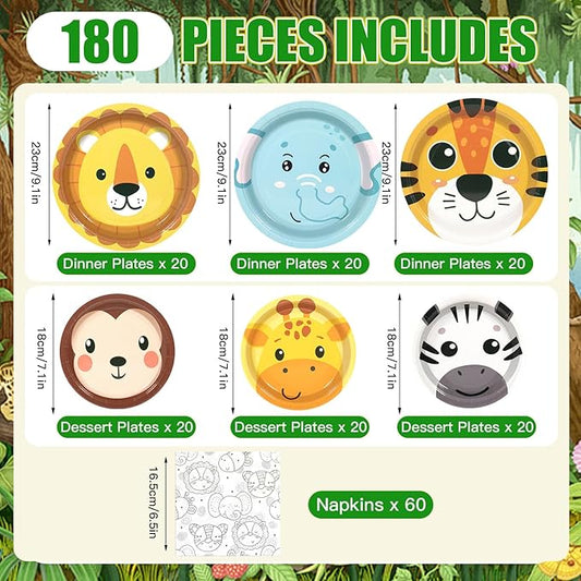 180Pcs Jungle Wild Animal Paper Plates Party Supplies Zoo Animal Paper Plates and Napkins Serve 60 Disposable Tableware Set for Birthday Party Decorations Game Day Family School Holiday Sports Events