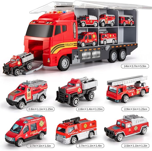TEMI Toddler Toys for 3 4 5 6 Years Old Boys, Die-cast, Alloy Metal Emergency Fire Rescue Vehicle Transport Car / Truck Toys Set w/Play Mat for Age 3-9 Toddlers Kids Boys & Girls