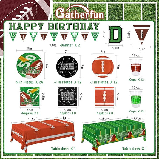 Football Birthday Party Decorations Kit for 24: Football Party Supplies Set with Plates, Dessert Plates, Napkins, Cups, Banner & Touchdown Tablecloth - for Football Tailgate Party Decorations