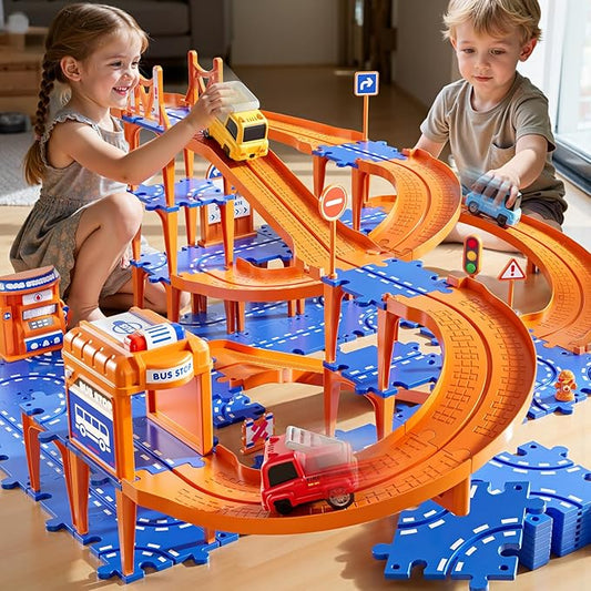 Puzzle Race Car Track Set for Kids 3-5, Floor Puzzle Track Car Set, Toddler Toys for 3 4 5 6 Years Old Boys, Toys Gift for Kids Boys Girls Age 3 4 5 6 7 8 Years Old