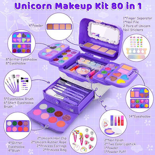 80 in 1 Kids Makeup Set, Washable Kids Makeup Sets Girls Toys, Pretend Play Toy for Dress Up with Toy Case Christmas & Birthday Gifts for Girls Age 3-12 Kids Toddlers, Purple