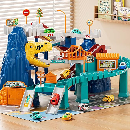 Dinosaur Race Track Playset for Boys Kids 3-5, Dinosaur Climbing Hills Car Track Play Set with 10 Mini Racer Cars, Kids Car Ramp Track Toys for 3 4 5 6 7 8 Year Old Boys Girls