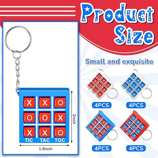 Hicarer Tic Tac Toe Keychain for Kids Ages 8-12 Party Favors Plastic Keyholders Game for Goodie Bags Mini Backpack Valentines Birthday Party(Red White Blue,16 Pcs)