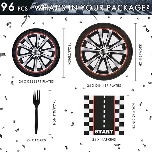 CANREVEL 96 PCS Race Car Birthday Party Plates Serve 24, Racing Car Plates and Napkins Forks Set, Disposable Tableware for Race Cars Party Supplies Decorations, Race Car Plates for Boys Kids Men
