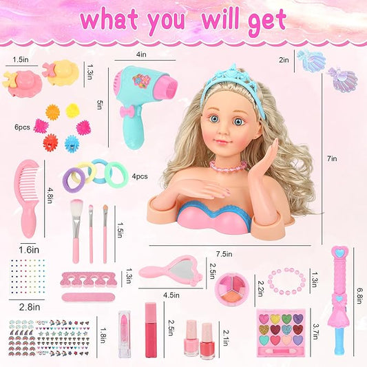 Hair Styling Doll Head Makeup Kit Girls Toys,Pretend Play Hair Salon Toy With Real Cosmetics Nail Polish,Hairdryer Curling Iron Hair Accessories Beauty Stylist Kit Girl Gifts 3 4 5 6+ Years Old