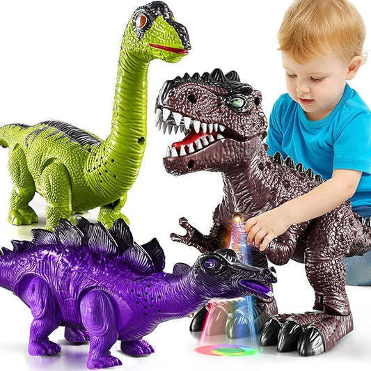 TEMI 3 Pack Electrical Walking Dinosaur Toys for Toddlers 3-4 3-5 Years with Sound and Light Up, Toddler Robot Dinosaur, Brachiosaurus, Stegosaurus Dinosaur Figures for Kids