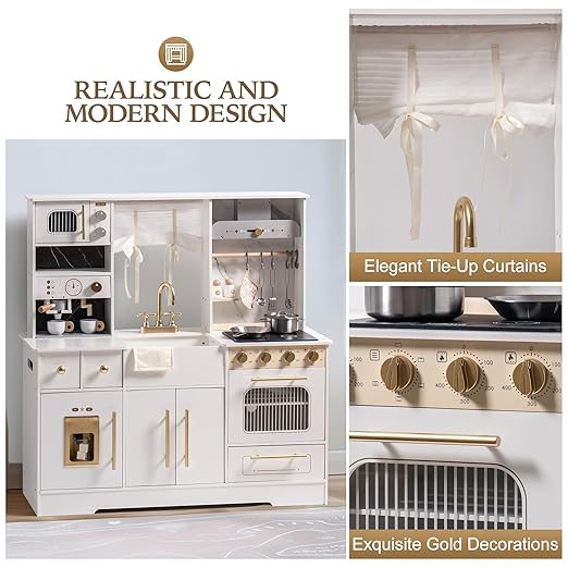 ROBOTIME Pretend Play Kitchen for Kids, Wooden Toy Kitchen with Ice Maker, Coffee Machine, Oven & Accessories – Fun Kitchen Set for Girls & Boys Age 3+