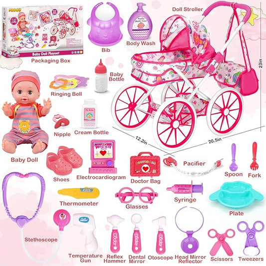 Baby Doll Stroller Toys Set, 12″ Doll with Accessories, 28Pcs Baby Dolls and Stroller Set with Care Bag, Clothes, Baby Bottle, Realistic Pretend Play Toy for Girls 3-5, 4-6, 7 Years Old Toddler Gift