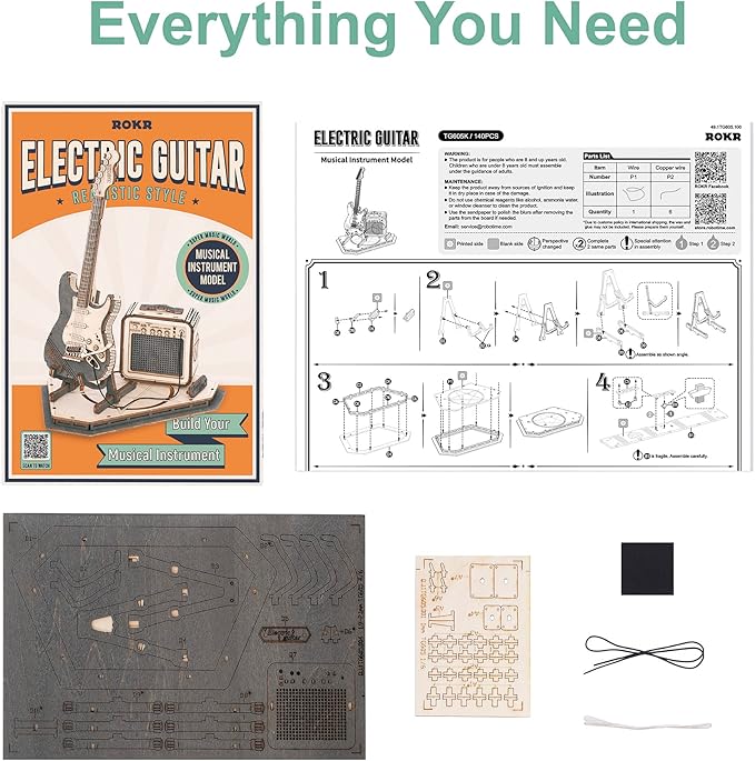 ROKR Wooden 3D Puzzles for Adults Guitar, Musical Instrument Model Kit 3D Puzzles for Teens and Kids to Build, Desk Decor/DIY Hobbies/Gifts for Family and Friends (Electric Guitar)