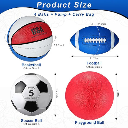 Lenwen 4 Pcs Sports Balls Set, Include Official Size Basketball Soccer Football Playground Ball Pump Equipment Bag for Teen Adult Christmas Ball Gifts