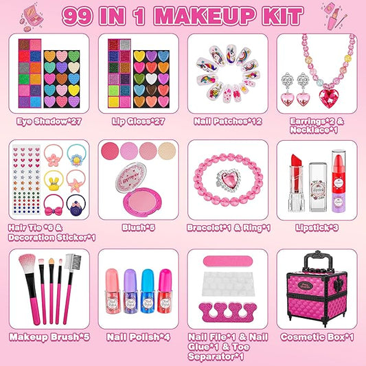 99 Pcs Kids Makeup Kit for Girls, Princess Toys Real Washable Cosmetics Set with Mirror, Hair Ties, Nails, Rings, Earrings, Necklace, Perfect for 3 4 5 6 7 8 Year Old Girls Birthday