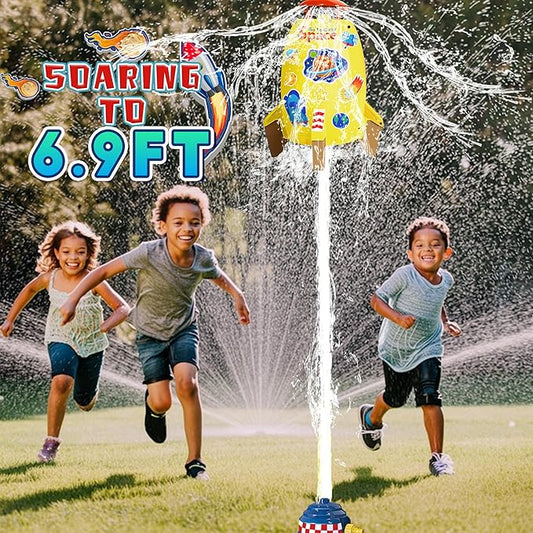 Water Rocket Sprinkler for Kids, Outdoor Sprinkler Rocket Launcher Toy for Backyard, Summer Water Toys for Kids Ages 3-12, Fun Water Powered Rocket Toy (Yellow-4)