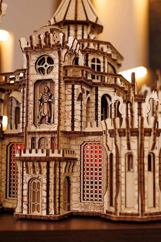 Wood Trick Dragon Castle Movable Wooden 3D Puzzles for Adults to Build - Red LED - Greensleeves Melody - Towers Rotating - Engineering DIY Project Mechanical Model Kits for Adults