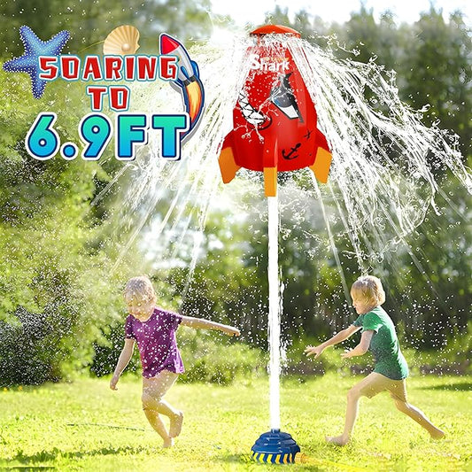 Water Rocket Sprinkler for Kids, Outdoor Sprinkler Rocket Launcher Toy for Backyard, Summer Water Toys for Kids Ages 3-12, Fun Water Powered Rocket Toy (Red-2)