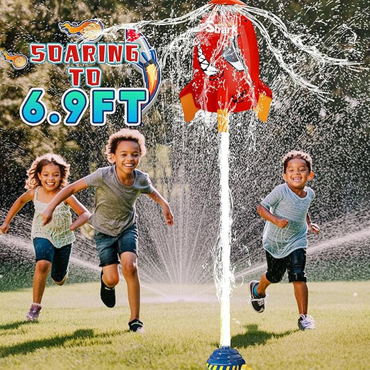 Water Rocket Sprinkler for Kids, Outdoor Sprinkler Rocket Launcher Toy for Backyard, Summer Water Toys for Kids Ages 3-12, Fun Water Powered Rocket Toy (Red-5)