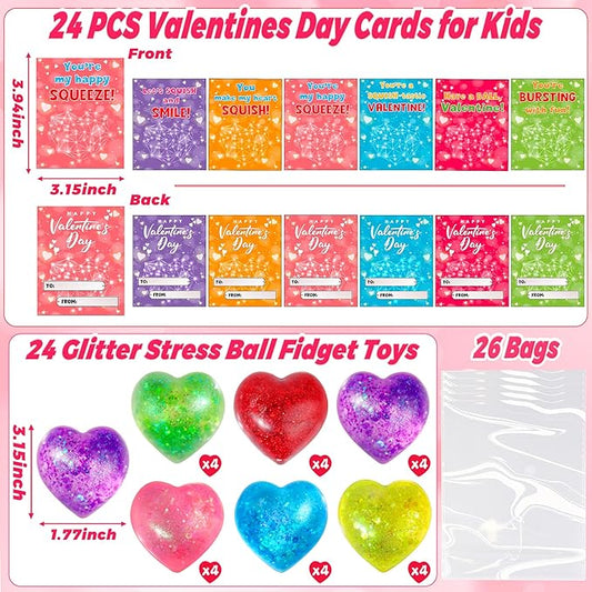 24 Pack Valentines Day Gifts for Kids Classroom, Heart Fidget Stress Balls with Valentines Cards, Classroom Exchange Gifts, Valentines Stretchy Balls Squeeze Toys School Party Favors for Boys Girls