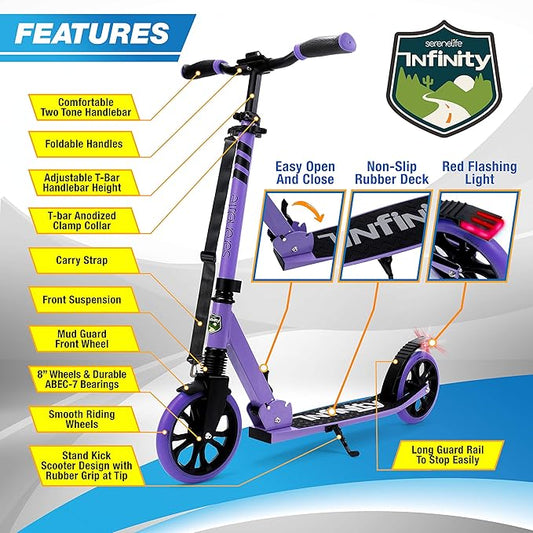 SereneLife Kick Scooter Adult Teenagers Kids- 2 Wheel Kids Scooter with Adjustable T-Bar Handlebar - Alloy Anti-Slip Deck - Portable Folding Scooters for Kids with Carrying Strap