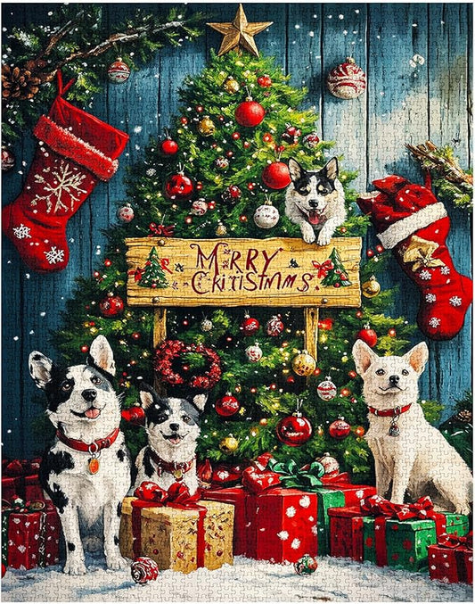 Xmas Tree 1000 Piece Jigsaw Puzzles for Adults Merry Christmas Puzzles Christmas Dog Puzzle Craft DIY Puzzles for Home Decoration Gifts Family Puzzle Perfect for Game Nights 27 x 20 Inches