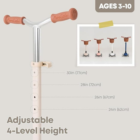 MomnLittle Kick Scooter for Kids Ages 3-10 (Beige/Pink/Navy/White) 3 Wheeled with LED Light-Up Wheels CPSC Certified Foldable and 4 Height Adjustable Toddler Scooters for Boys Girls