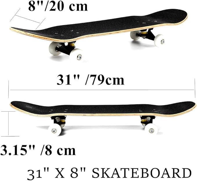 Skateboards for Beginners Kids Boys Girls and Adults 31"x8" Pro Complete Skateboard 8 Layers Maple Wood, Double Kick Concave, Fascinating Cool, Solid&Durable