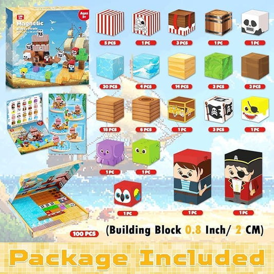 Magnetic Building Blocks Magnetic Building Tiles Toys for Boys Girls Age 3+，Creative Plastic Magnet Square Gift for Kids New Pirate Ship 100PCS