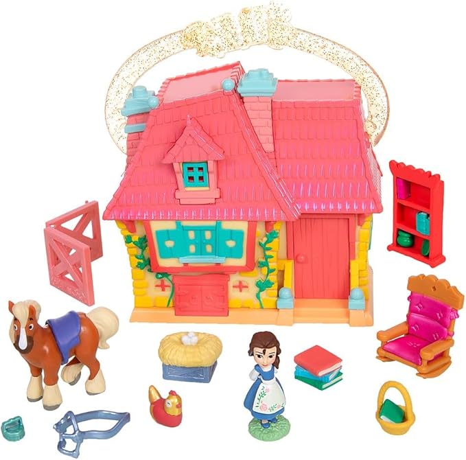 Disney Store Official Princess Micro Toy Set – Beauty & The Beast – Set Includes Micro Figures of Belle, Philippe, & her Cottage – Portable Playset with Handle – Perfect for Fans of Disney Princesses