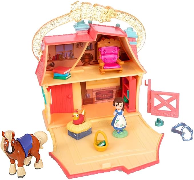 Disney Store Official Princess Micro Toy Set – Beauty & The Beast – Set Includes Micro Figures of Belle, Philippe, & her Cottage – Portable Playset with Handle – Perfect for Fans of Disney Princesses
